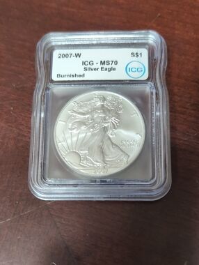 2007-W Silver Eagle MS70 ICG Burnished - 1oz Silver Coin